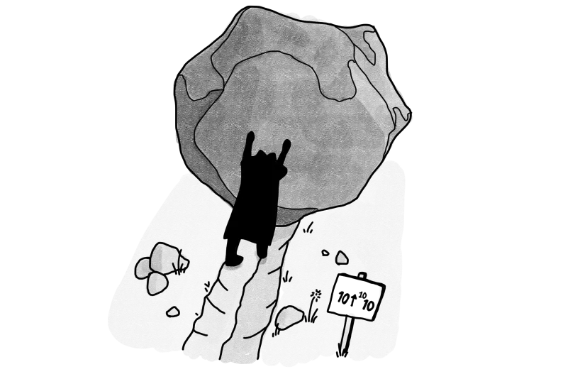 Detective rolling a boulder up a hill