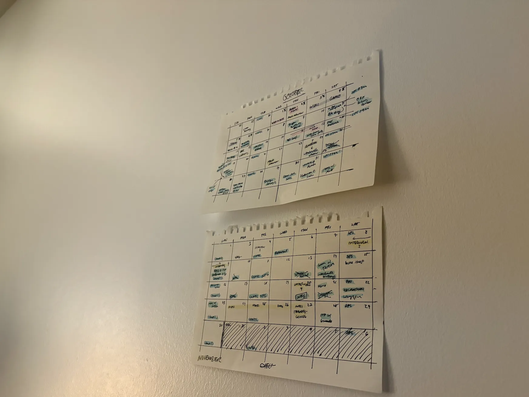 A picture of my handwritten calendars