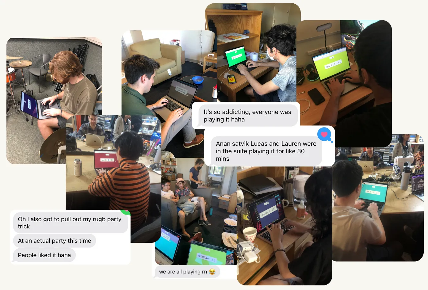 A composite of photos and text screenshots of friends playing RUGB