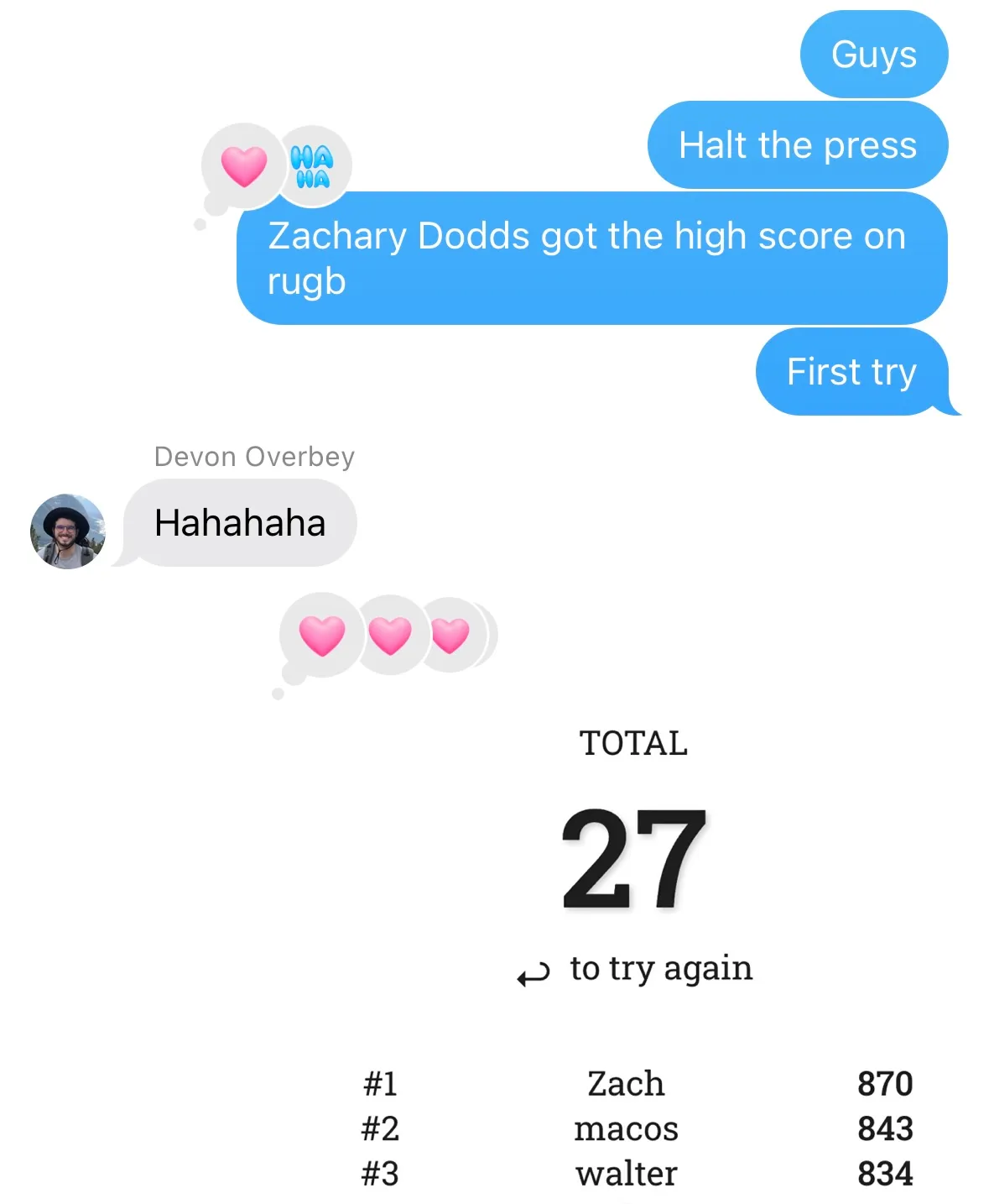 A screenshot of a group chat in which I announce Prof Dodds's top score