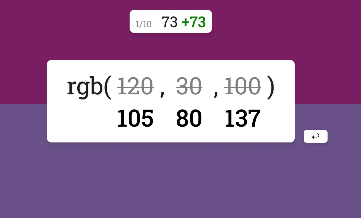 A screenshot from RUGB where I guessed the wrong shade of purple