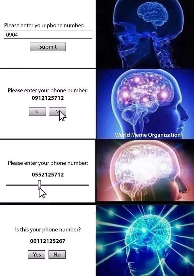 The big brain meme, with the regular phone number input as the small brain, left/right arrows as larger, slide input as larger, and random guessing as biggest brain