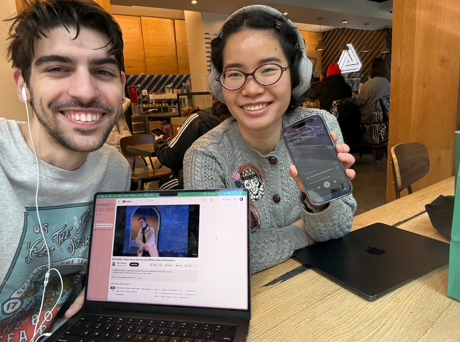 Jiadai and I listening to Rick Astley's "Never Gonna Give You Up" in a cafe