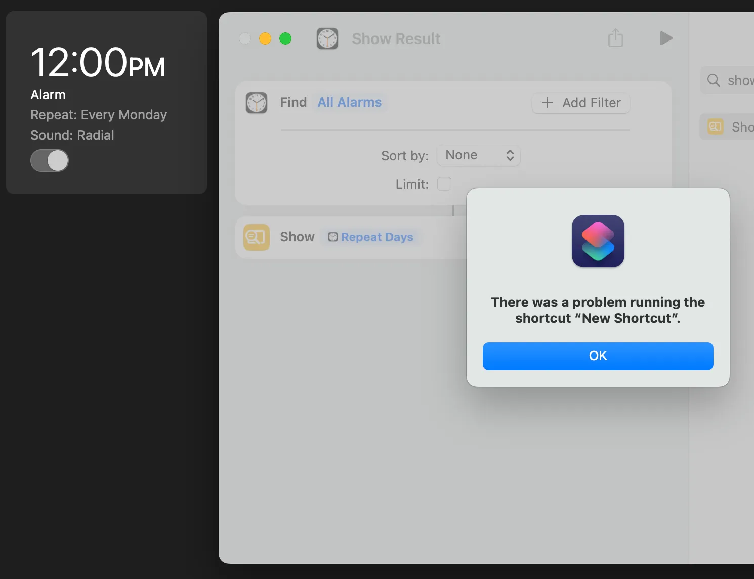 Shortcut fails with mysterious error