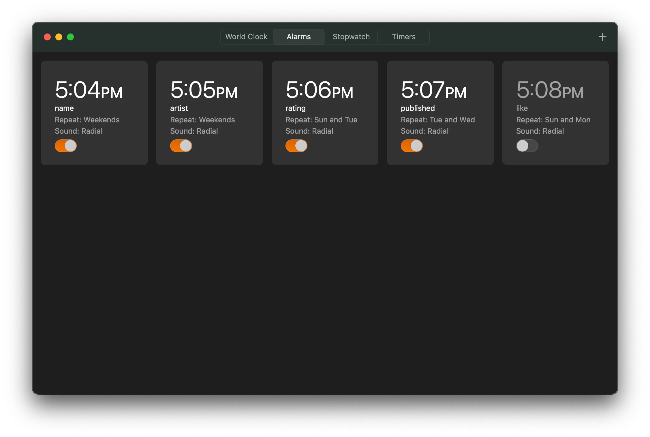 Five alarms representing the schema