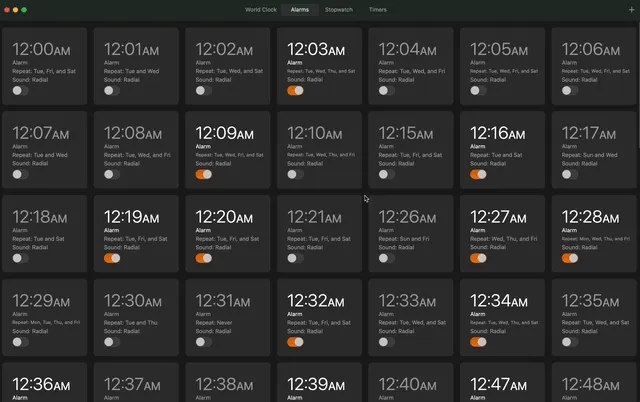 Scrolling through 96 alarms in the Clock app