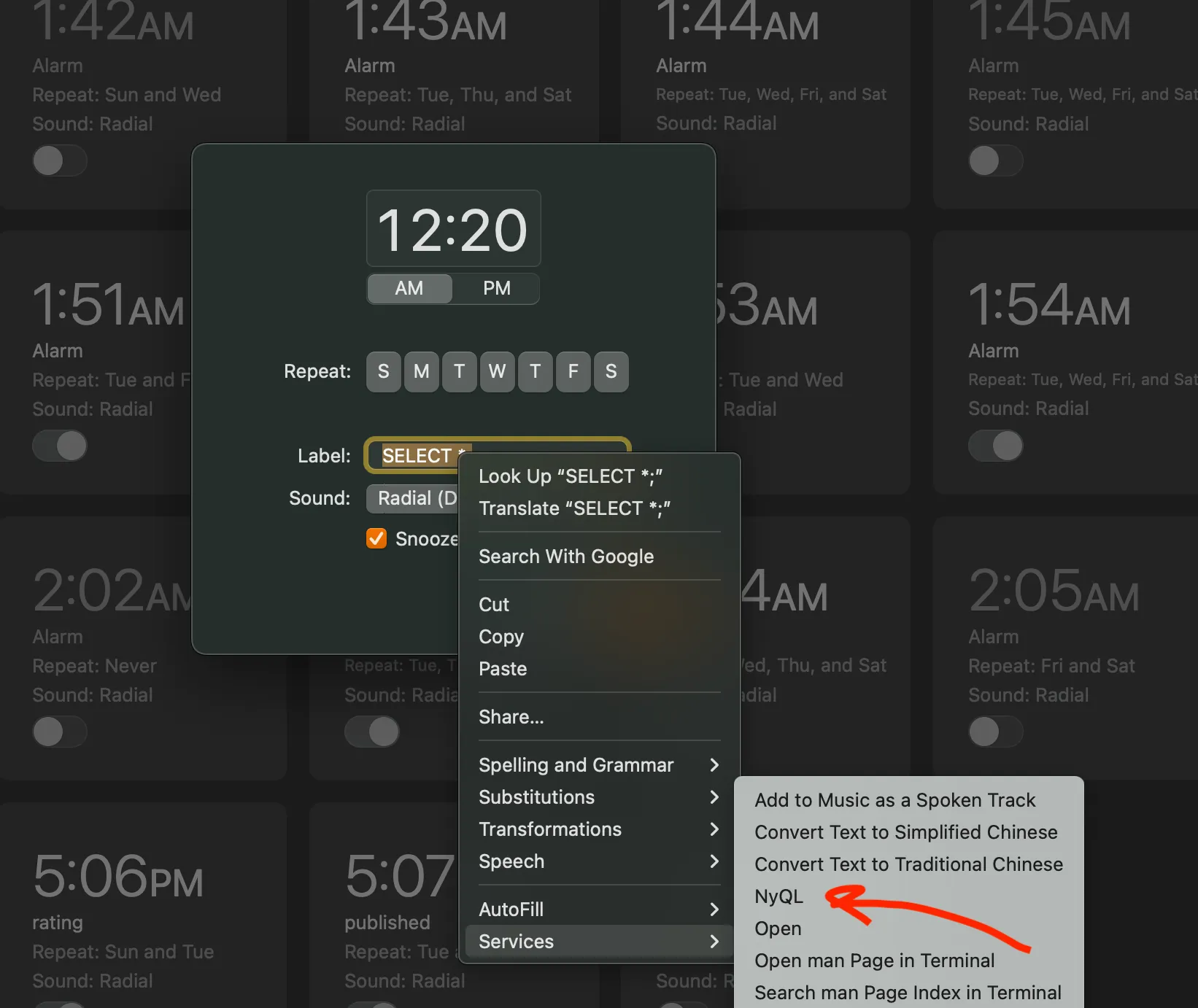 Running NyQL from an input field in the Clock app