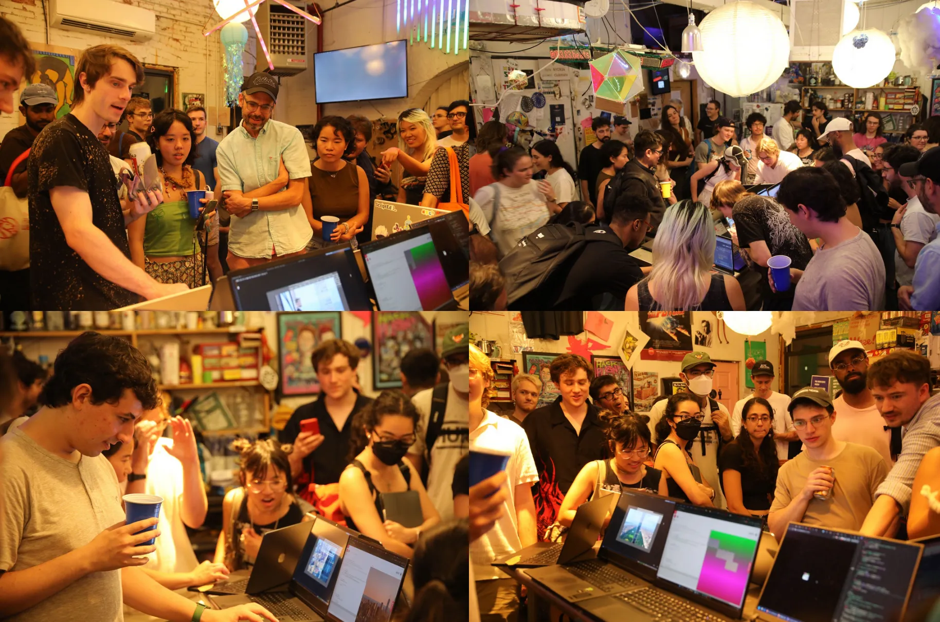 A collage of people crowded around laptops