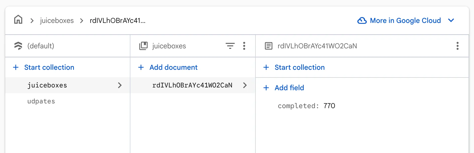 A screenshot of the Firestore database with a single number