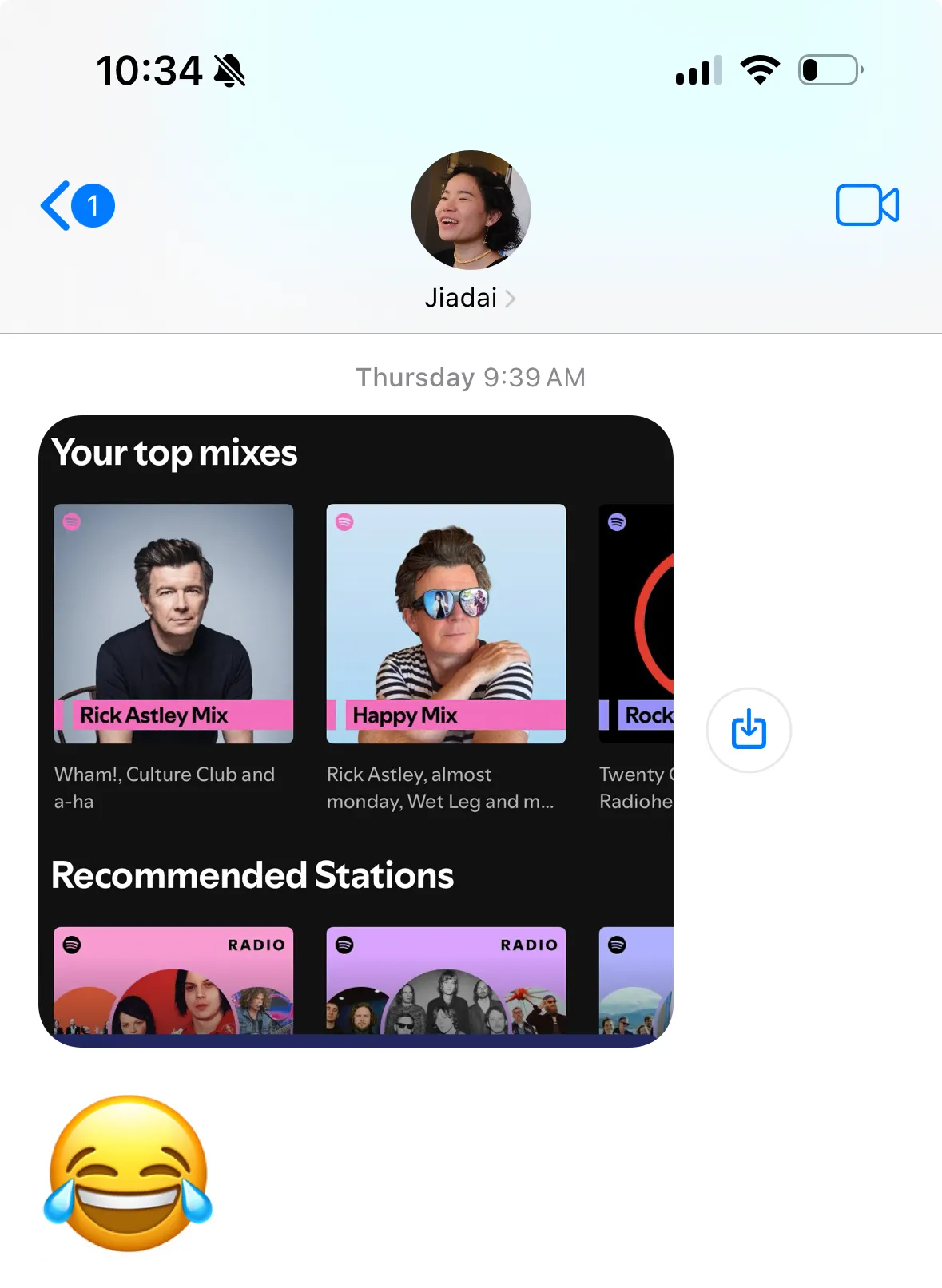 A screenshot of a text conversation between me and Jiadai: she sends a screenshot of her Spotify, which is now recommending Rick Astley