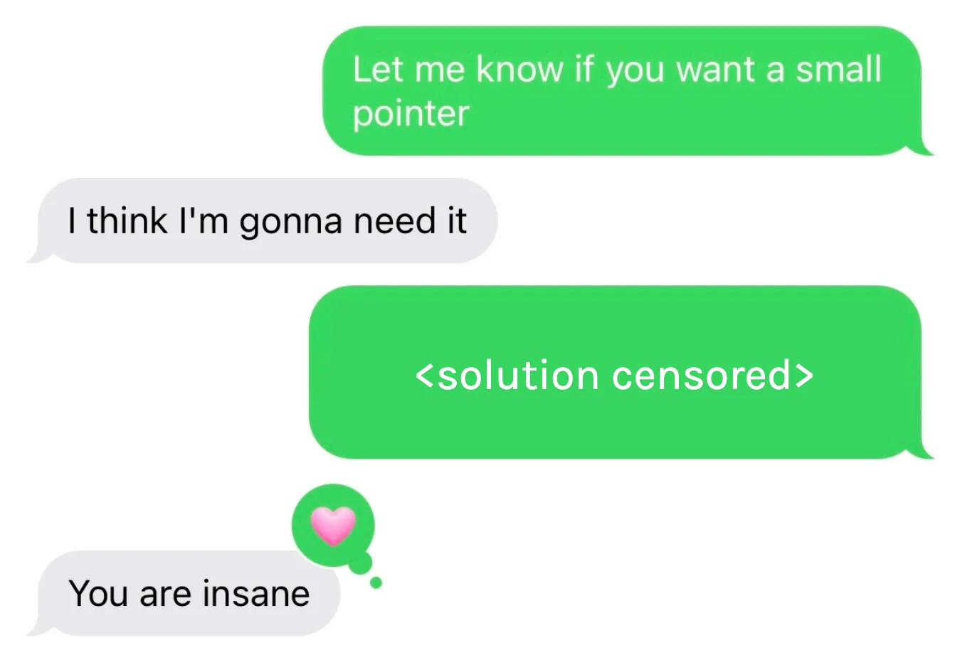 Text message: "Me: Let me know if you want a small pointer Albany: I think I'm gonna need it Me: <solution censored> Albany: You are insane"
