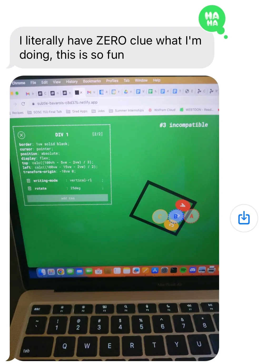 Text message from Albany: "I literally have ZERO clue what I'm doing, this is so fun"